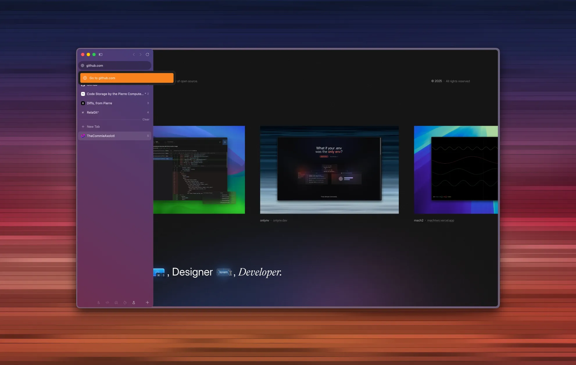 A macOS-style browser window with a translucent purple sidebar open, displaying tabs and navigation, over a blurred dark-themed webpage—highlighting the browser’s interface and sidebar design rather than the page content.