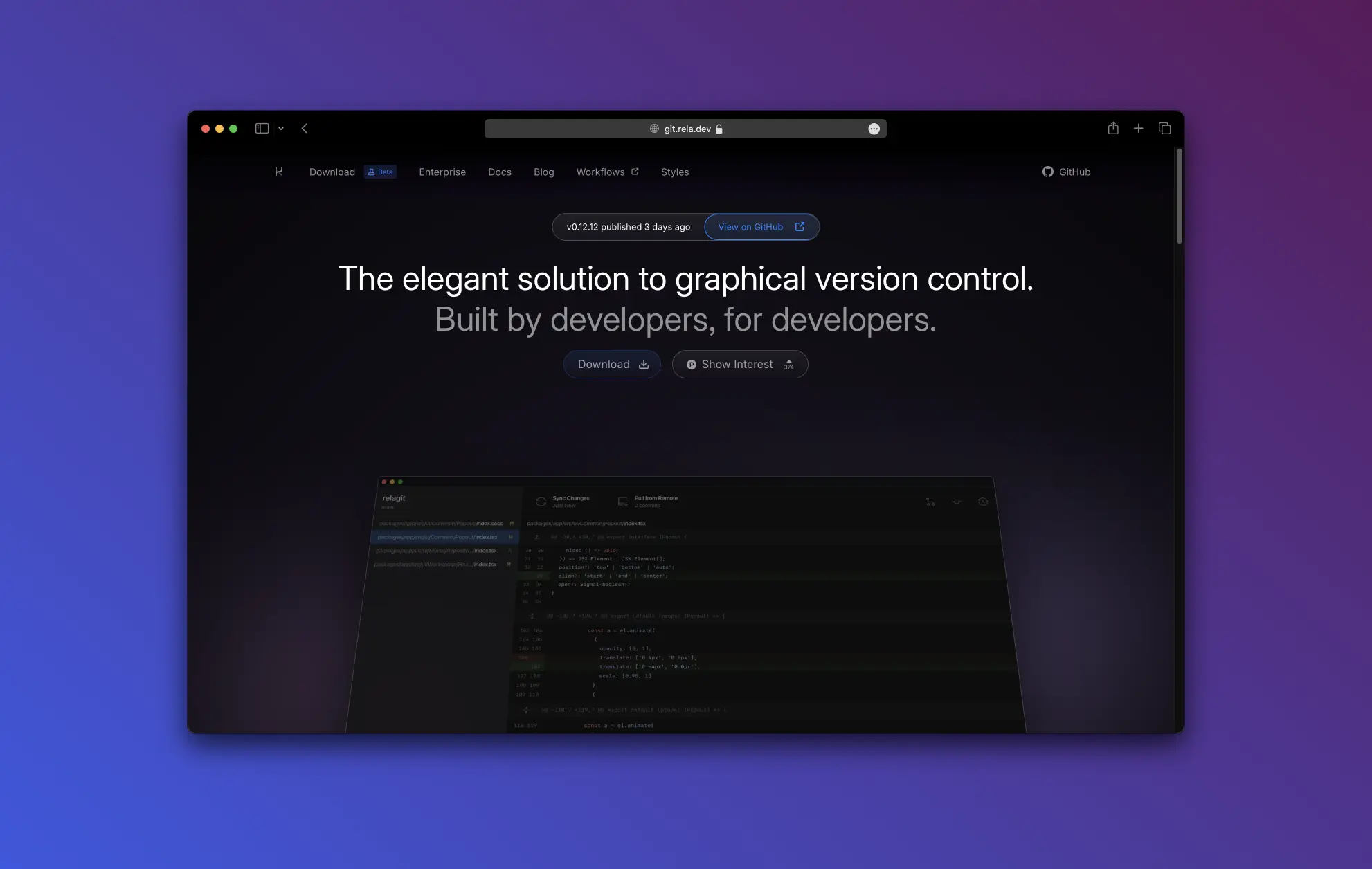 A safari window sits above a cool gradient backdrop, the window has a minimal design with a graphic of a macos-style window and text reading 'The elegant solution to graphical version control'