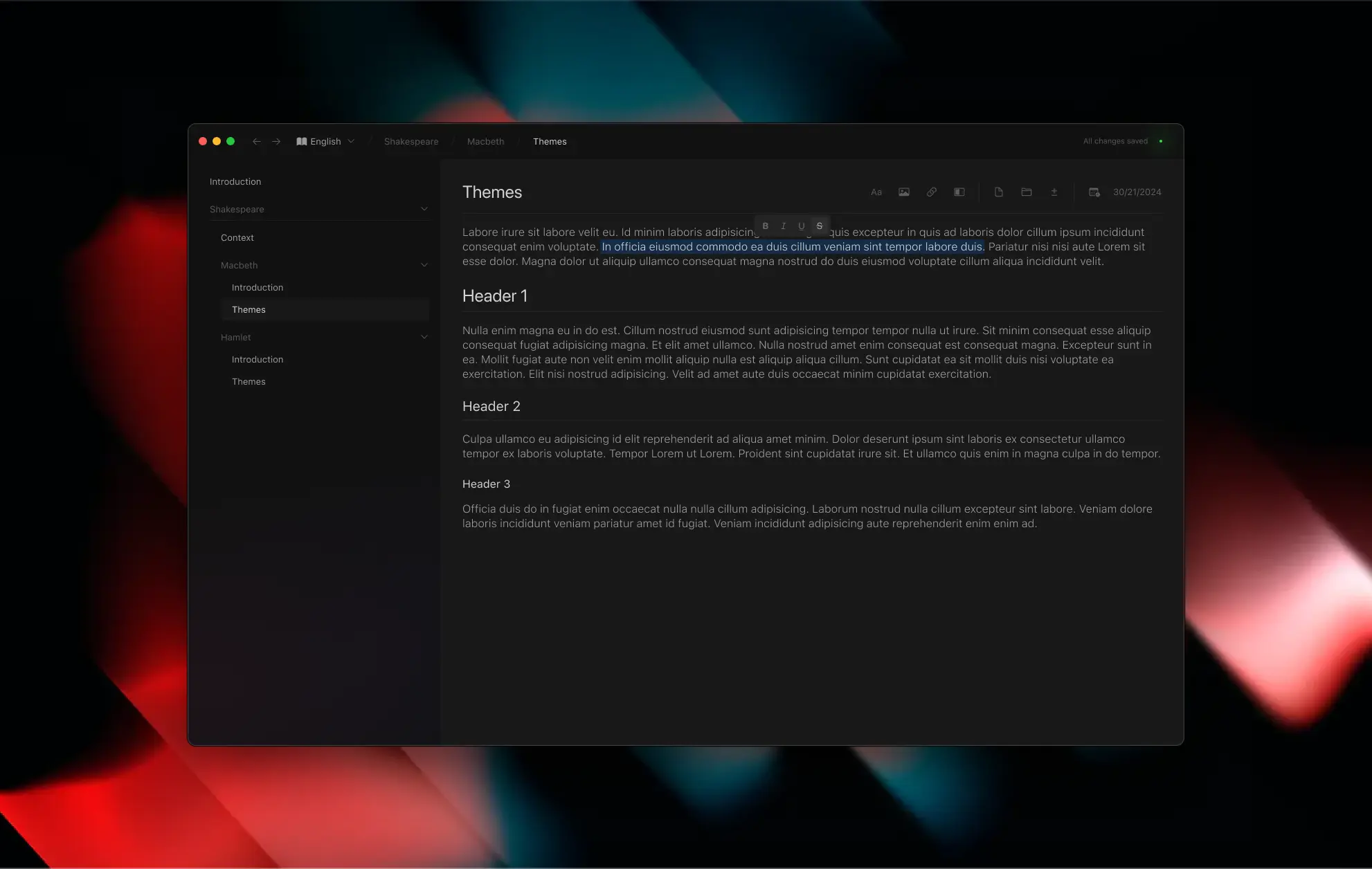 A dark themed application window is shown, it has a sidebar with a list of files and a main view with a file open. The file is a markdown file with a preview of the rendered markdown.