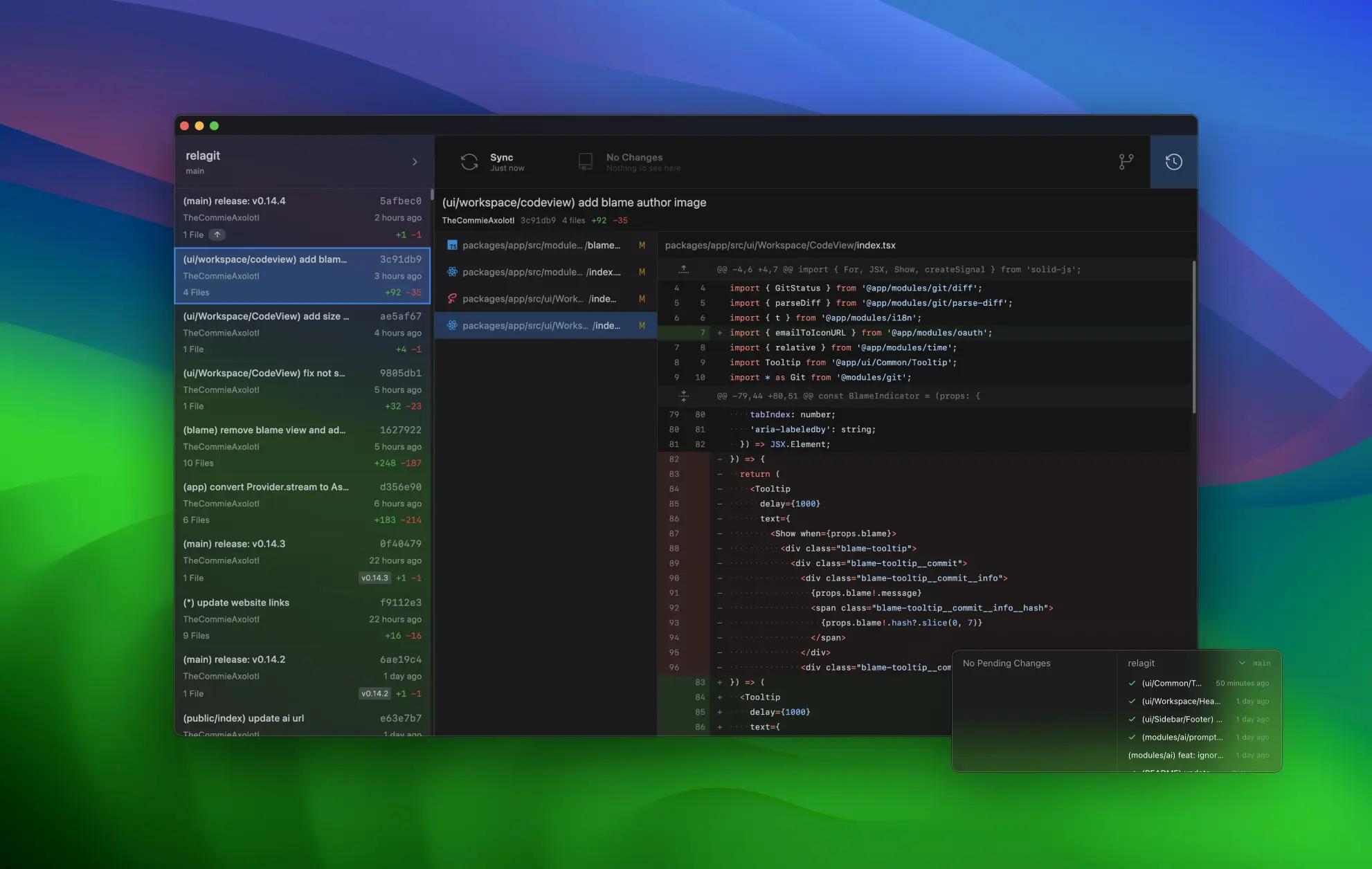 An application window with a dark theme and a sidebar, the window has open a history view of git commits. A file is open and its diff is shown in the main view.